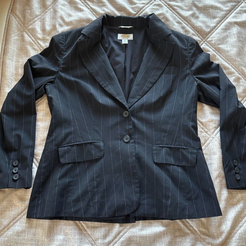 Talbots: Petites Black Pinstripe Stretch Blazer Jacket Two Button Size 10P